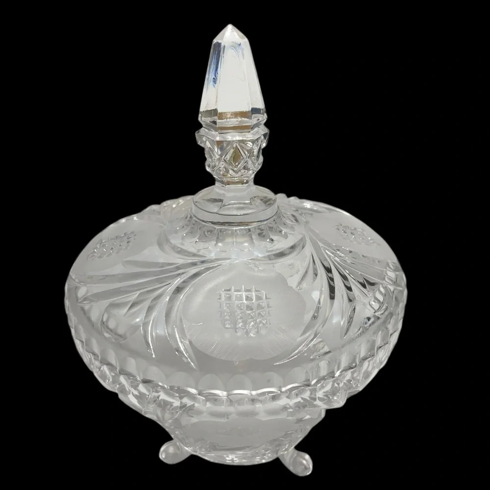 Vtg EAPG Footed Bowl & Lid Candy Dish Clear Glass Etched Flowers Leaves Design